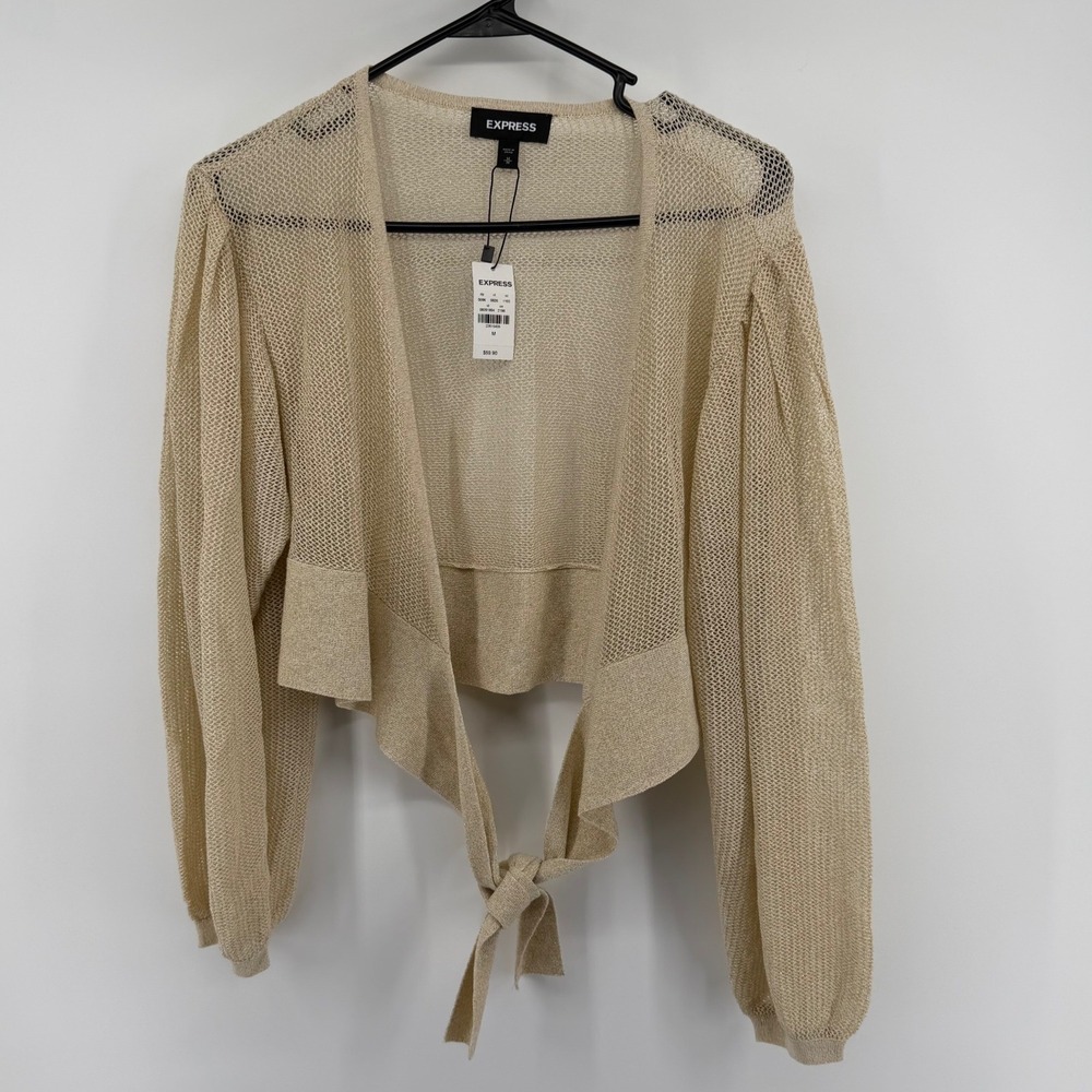 Express Metallic Knit Tie Front Cropped Cardigan Sweater Beige Size Medium New